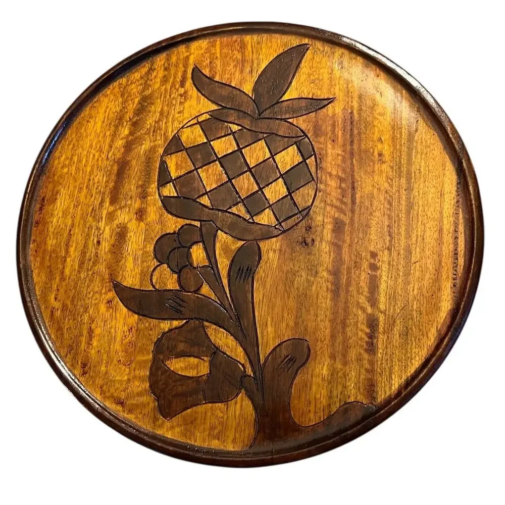 VINTAGE Folk Art HANDCRAFTED Wood Tray CARVED Plate Pineapple Hand 14” 3010-28